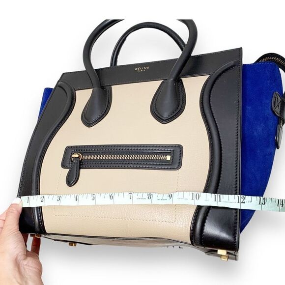 CELINE Tri-Color, Tan Calfskin Leather, Blue Suede, Black Trim Luggage Tote Bag - Picture 9 of 17